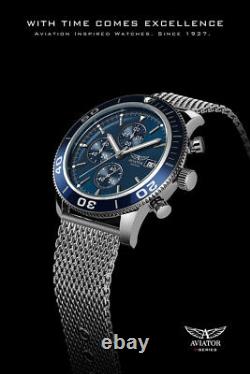 AVIATOR Watch Mens Steel Mesh Milano Metalic Bracelet Blue Dial Waterproof 100m