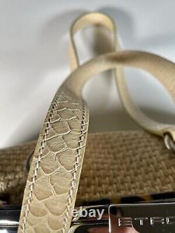 ETRO Milano Woven Wicker Leather Handbag Tote Designer Tan White Brown Purse