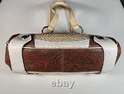 ETRO Milano Woven Wicker Leather Handbag Tote Designer Tan White Brown Purse