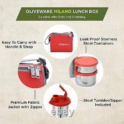 Stainless Steel Milano Lunch Box With Sipper And Insulated Fabric Bag Red