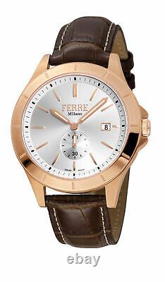 Ferre Milano Homme Fm1g080l0031 Rose-gold Ip Brown Leather Date Wristwatch